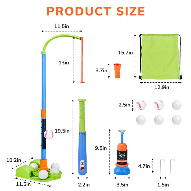 Joycat 3-In-1 T Ball Sets, Baseball Training Equipment with Tee Ball Stand, Hanging Tee, Ball Launcher, Outdoor Play, Adjustable Height Baseball Toys