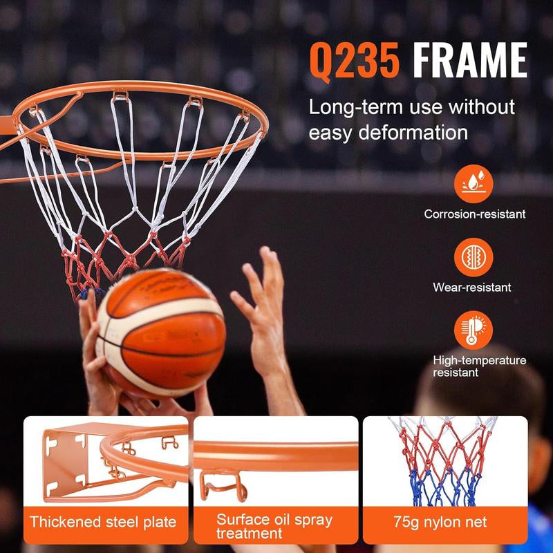 Basketball Rim, Wall Door Mounted Basketball Hoop, Heavy Duty Q235 Basketball Flex Rim Goal Replacement with Net, Standard 18 "Indoor and Outdoor Hanging Basketball Hoop