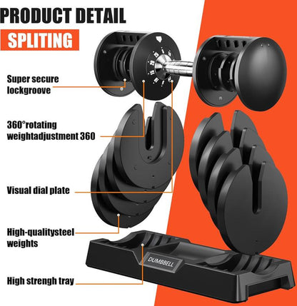 5-In-1 Adjustable Dumbbells (5-25LB) - Quick Change Home Gym Set for Full Body Workout, Space Saving Weights with Anti-Slip Grips & Storage Tray - Men & Women