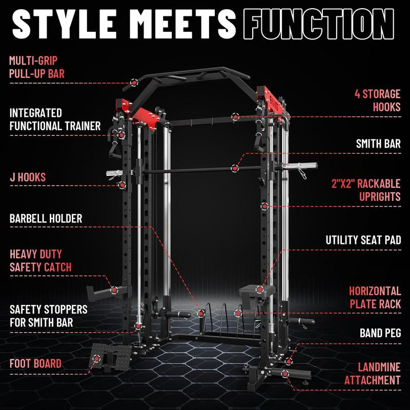 【Fathersdaygift】Power Rack, 2000LBS Squat Cage with Cable Crossover, Functional Trainer, LAT Pulldown, Multi-Function Weight Cage & Attachments for Home Gym Workout Equipment Barbell Bar