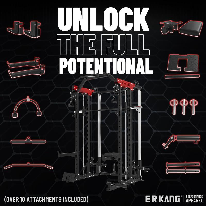 【Fathersdaygift】Power Rack, 2000LBS Squat Cage with Cable Crossover, Functional Trainer, LAT Pulldown, Multi-Function Weight Cage & Attachments for Home Gym Workout Equipment Barbell Bar