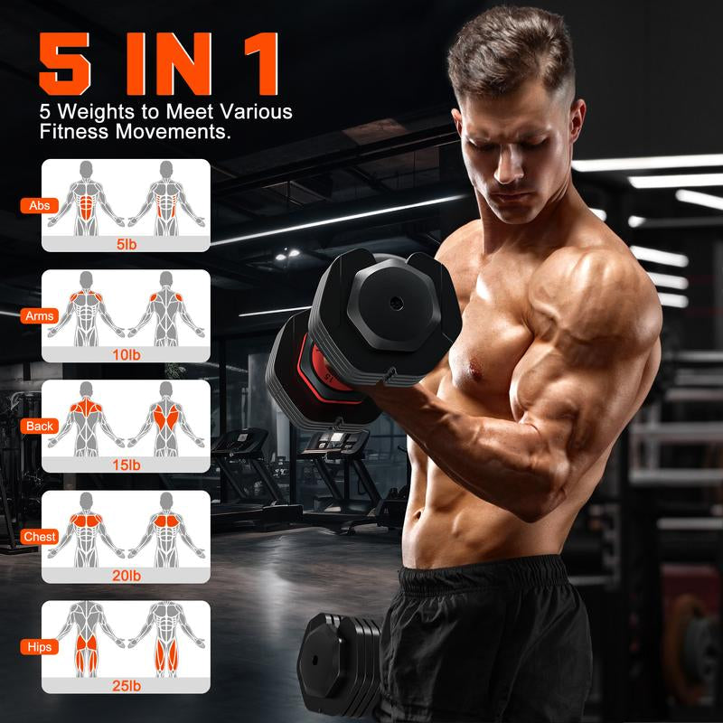 Bearbro Adjustable Dumbbells Set of 2, 1-Sec Adjustable Weights Dumbbells Set, 5 in 1 Free Adjustable Dumbbell Set with Anti-Slip Texture Handle, Weight Set for Home Gym Suit Both Men and Women