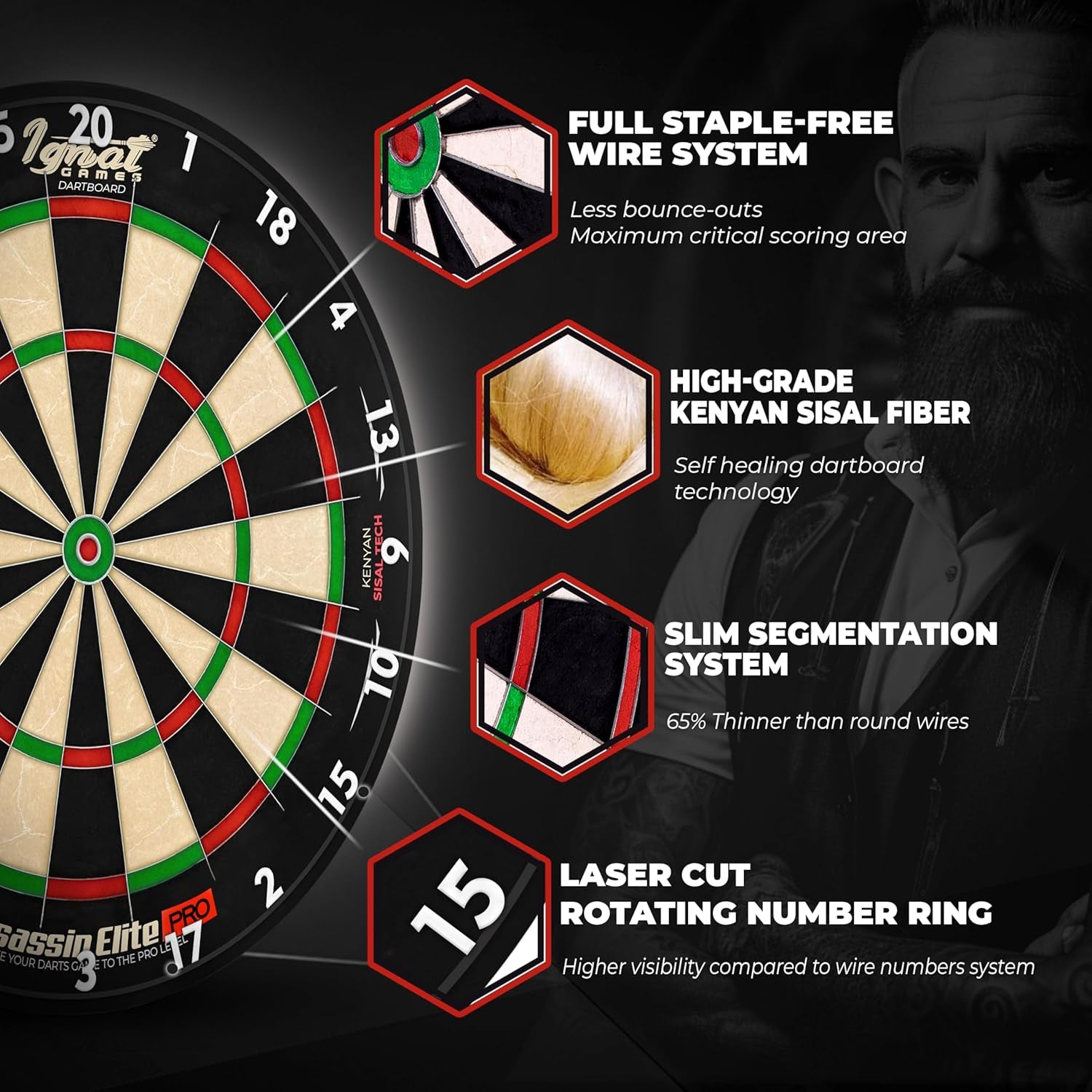Professional Dart Board Set - Bristle/Sisal Tournament Dartboard with Completely Staple-Free Ultra-Thin Wire Spider + 6 Professional Steel Tip Darts + Darts Accessories + Darts Ebook