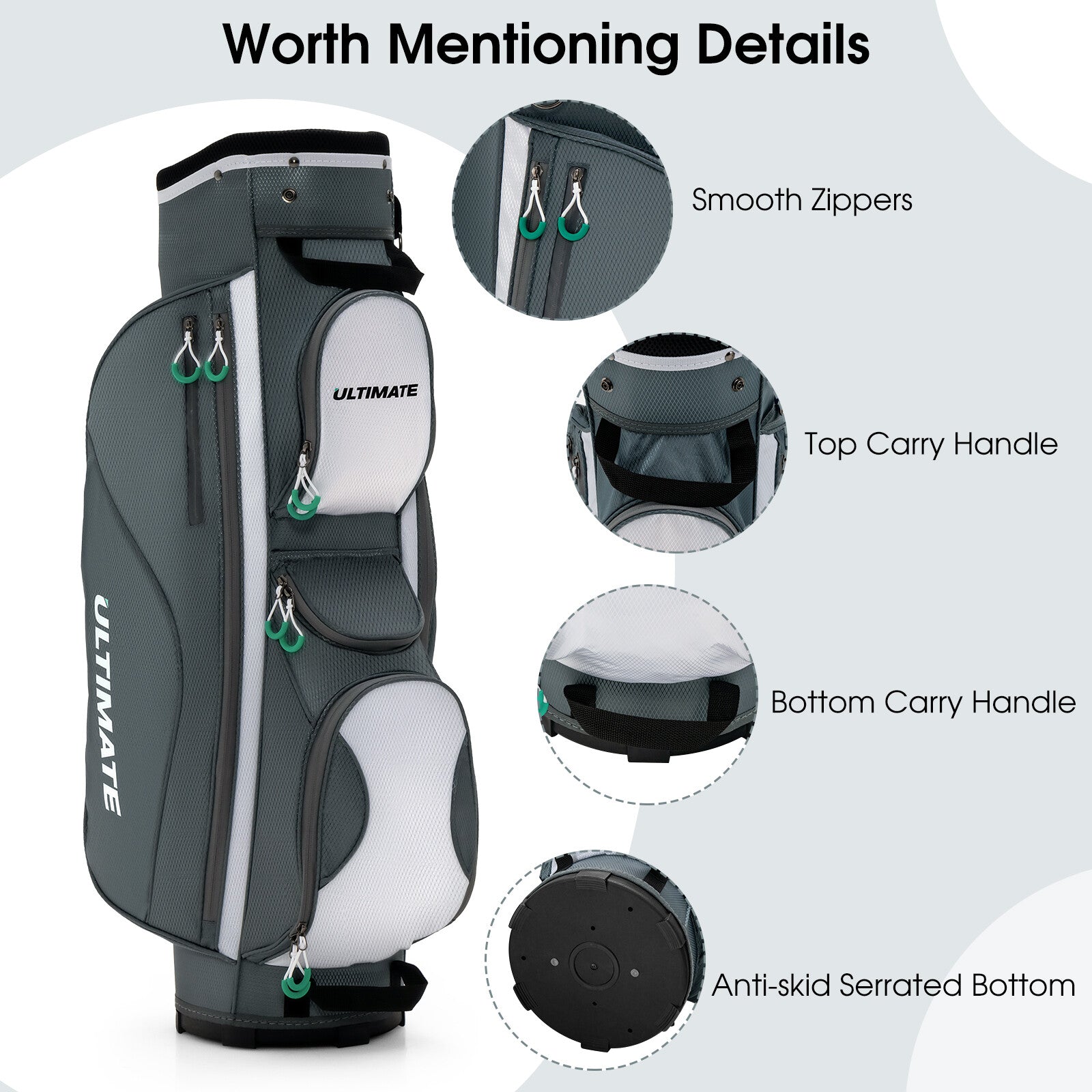 14 Dividers Golf Cart Bag 7 Zippered Pocket Cooler Bag Rain Hood Valuable Bag
