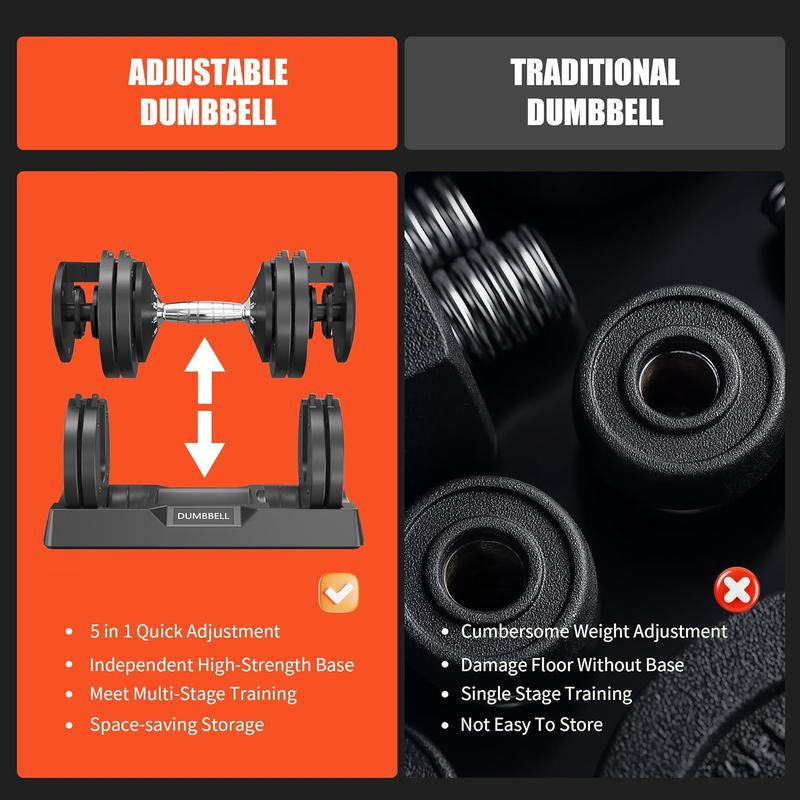 5-In-1 Adjustable Dumbbells (5-25LB) - Quick Change Home Gym Set for Full Body Workout, Space Saving Weights with Anti-Slip Grips & Storage Tray - Men & Women