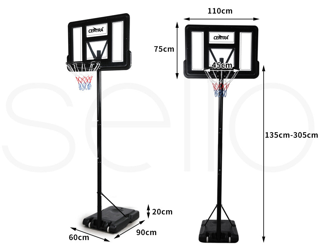 Centra Basketball Hoop Stand Portable 1.3-3.05M Height Adjustable Net Ring Adult