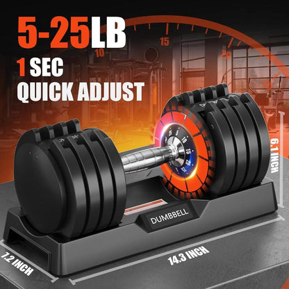 5-In-1 Adjustable Dumbbells (5-25LB) - Quick Change Home Gym Set for Full Body Workout, Space Saving Weights with Anti-Slip Grips & Storage Tray - Men & Women
